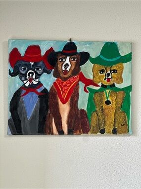 Original oil painting of three Cowboy dogs 24 x 18 folk Culture by artist A.M.